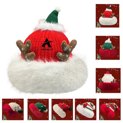 Women's Christmas Color Matching Fedora Hat Cute Antler Ear Protection Winter Padded Warm Plush Hat